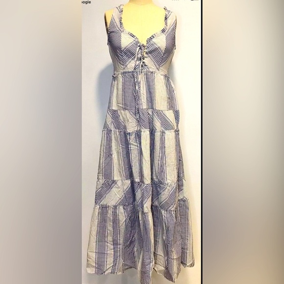 Betsey Johnson Stripe Play Yarn-Dye  Tiered Maxi Dress Blue Small size Gingham - Picture 4 of 11